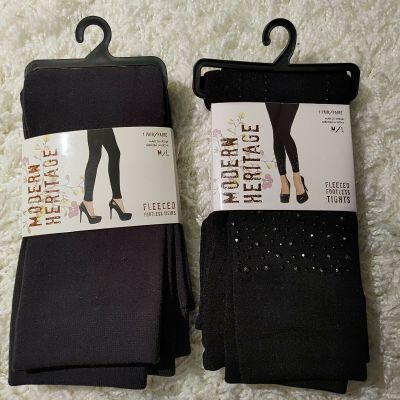 NWT 2 x MODERN HERITAGE Fleeced Footless Tights M/L Gray Black Gems Medium Large